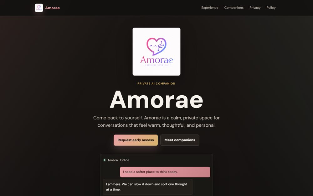 Amorae private AI companion early-access page