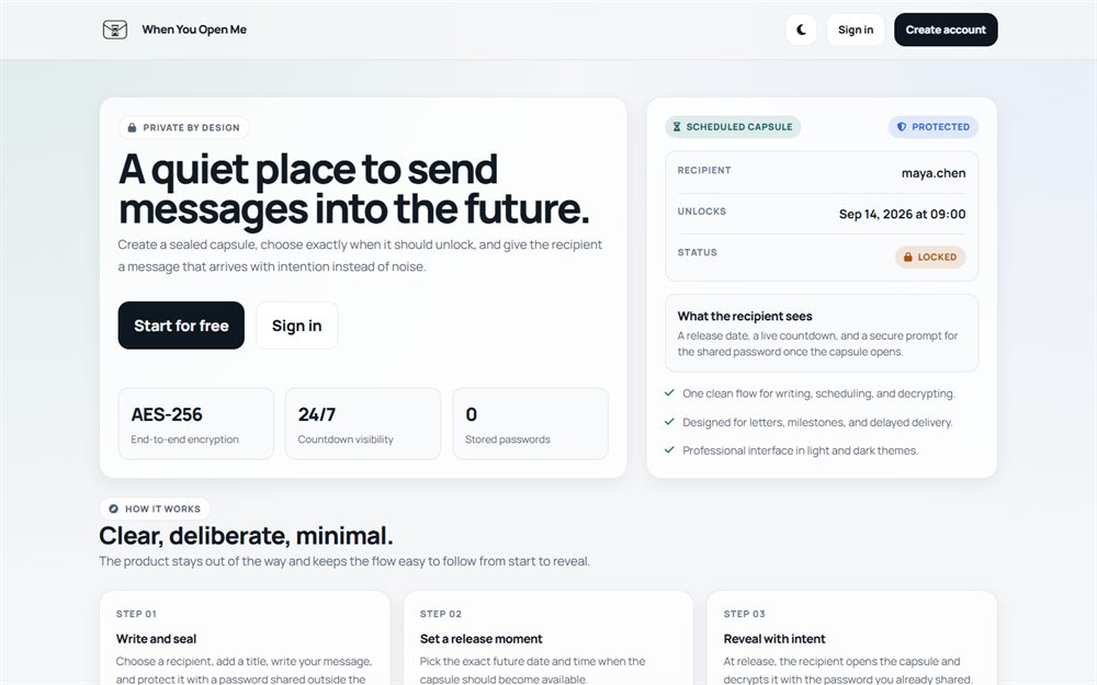 WhenYouOpen.me encrypted time-capsule messaging interface